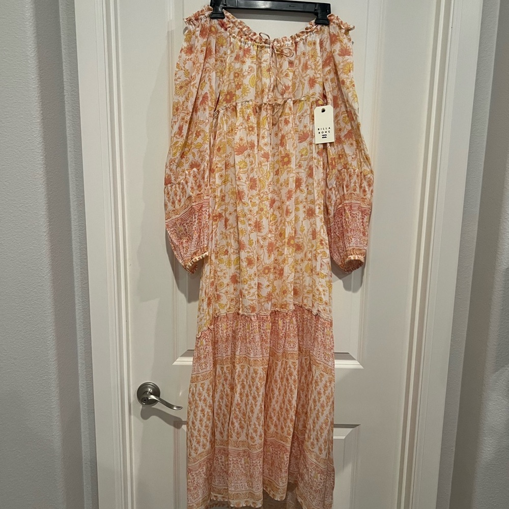 New Billabong Boho Yellow and Orange Floral Cream Bow Maxi Dress - Picture 6 of 12